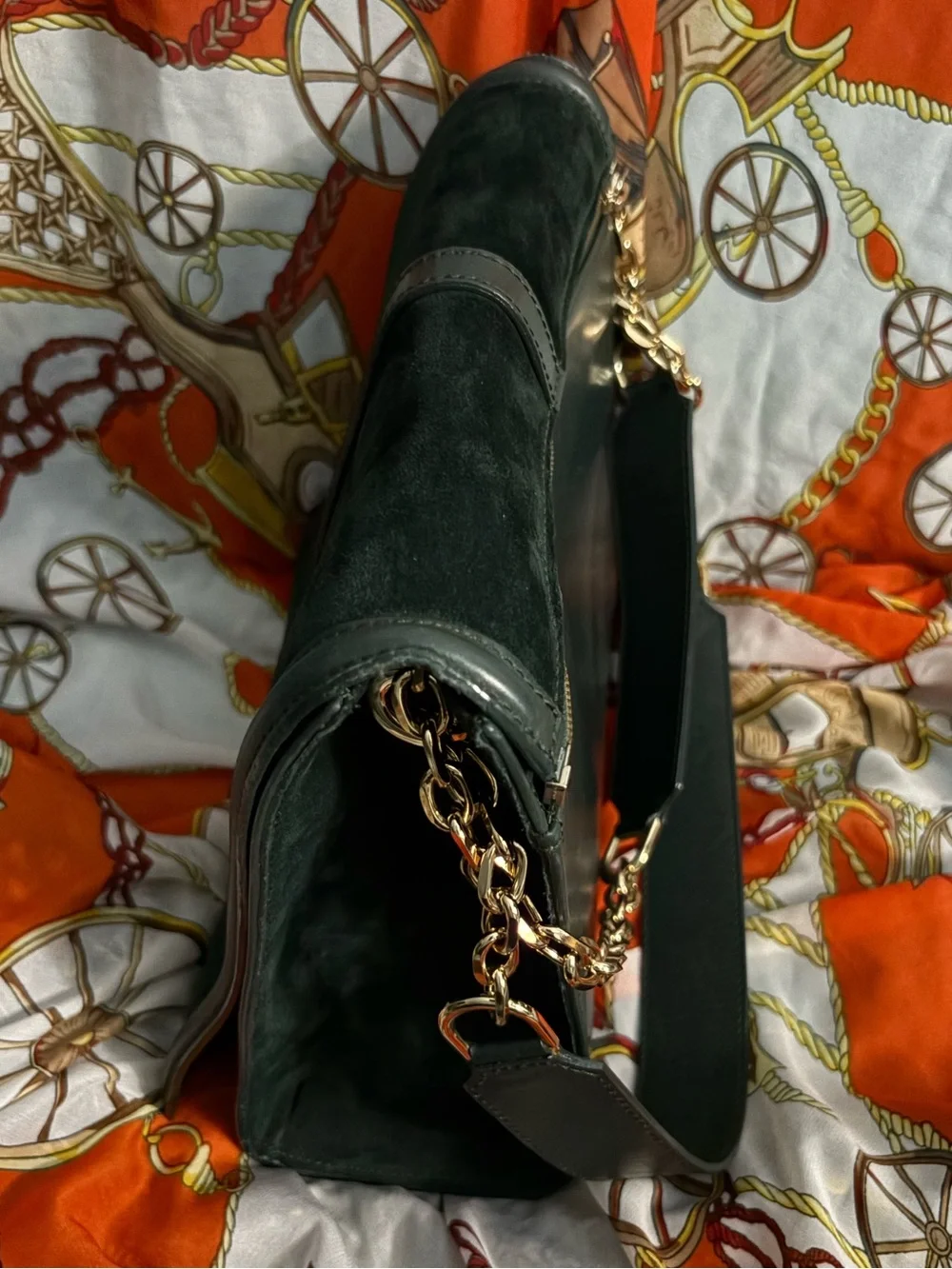 Camille Vost Detached topDark Green Suede and leather crossbody with Gold accent